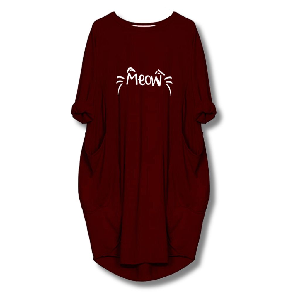 Meow Printed Long Tee - Maroon