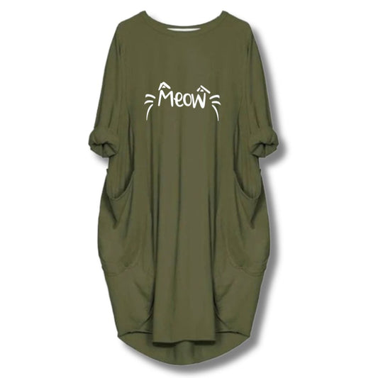 Meow Printed Long Tee - Olive Green
