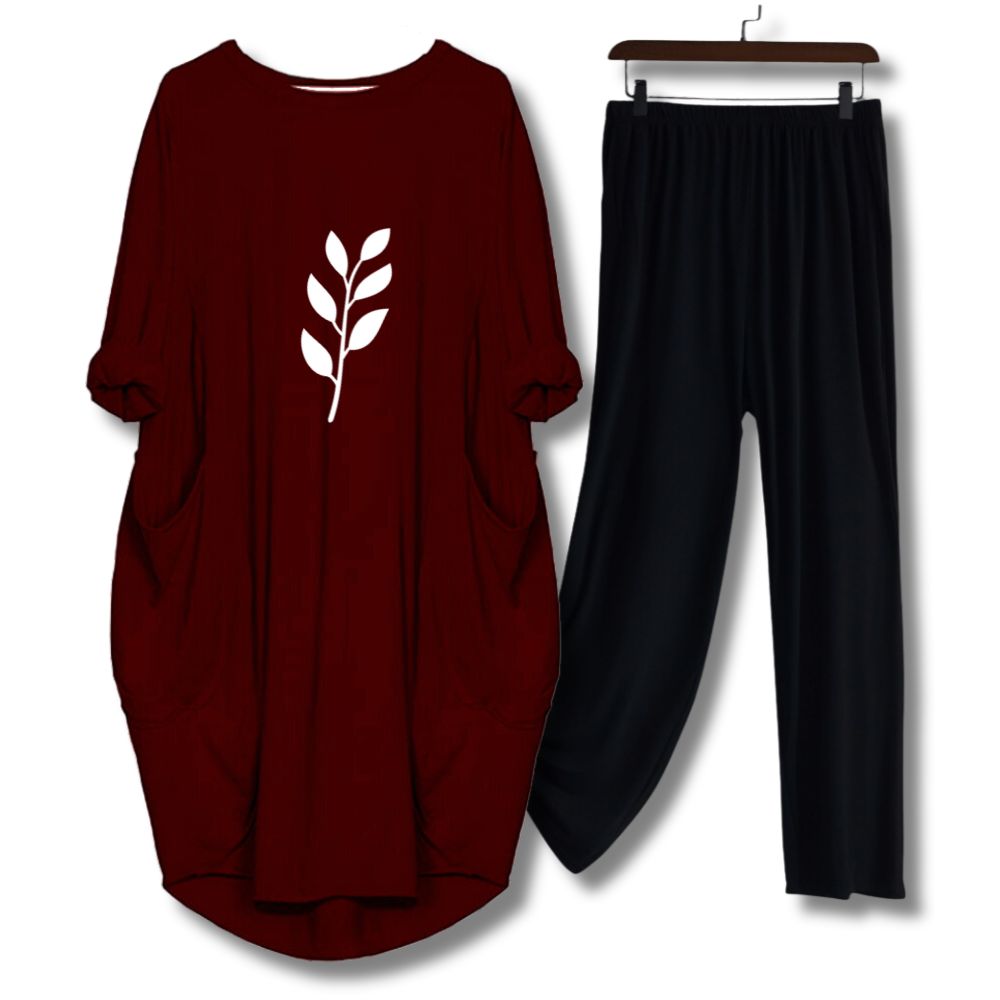 Maroon Leaf Printed Long Tee And Cotton Loose Pant