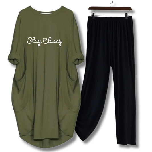 Stay Classy Printed Long Tee And Cotton Loose Pant - Olive Green