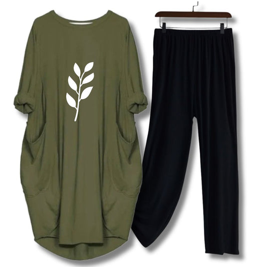 Leaf Printed Long Tee And Cotton Loose Pant - Olive Green
