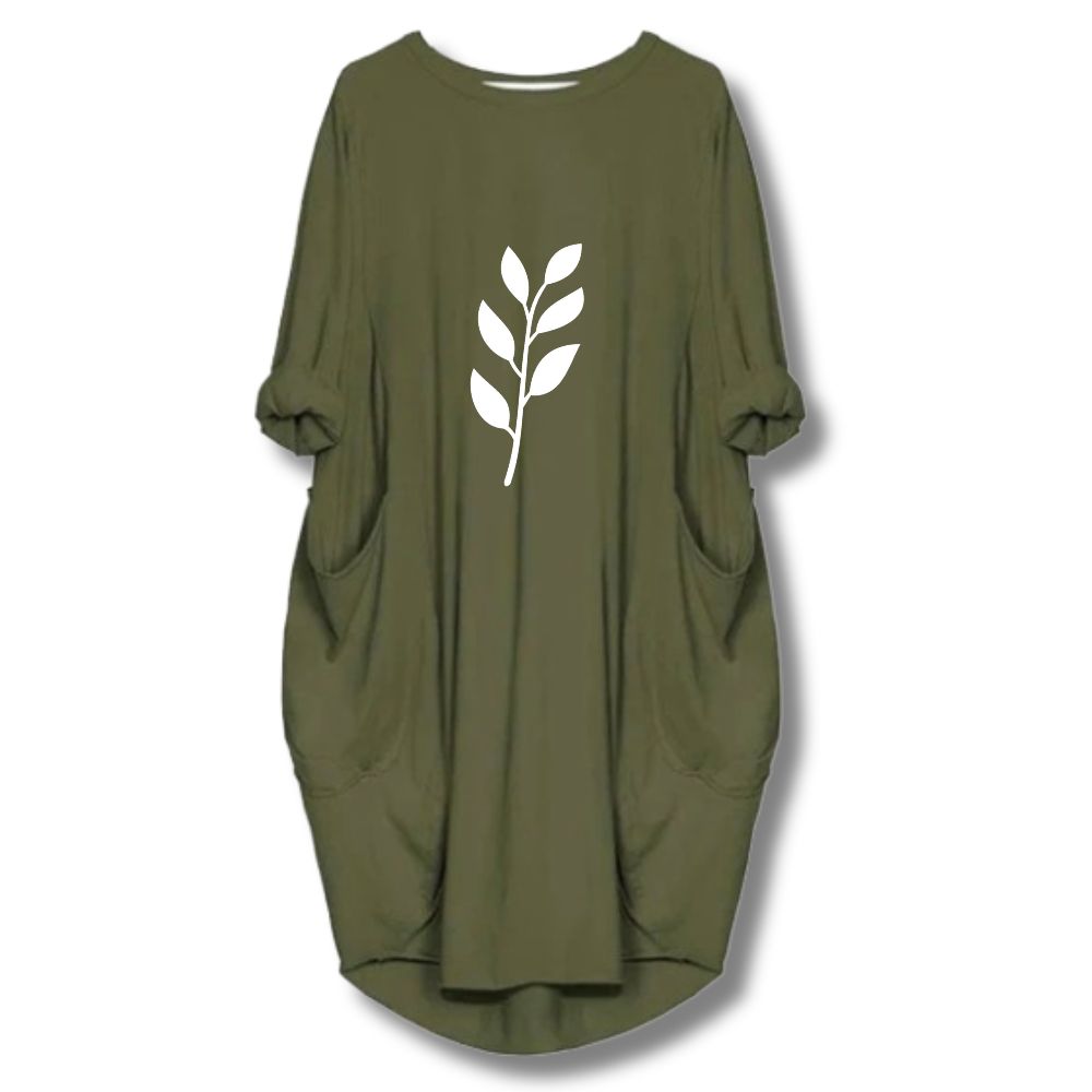 Leaf Printed Long Tee - Olive Green