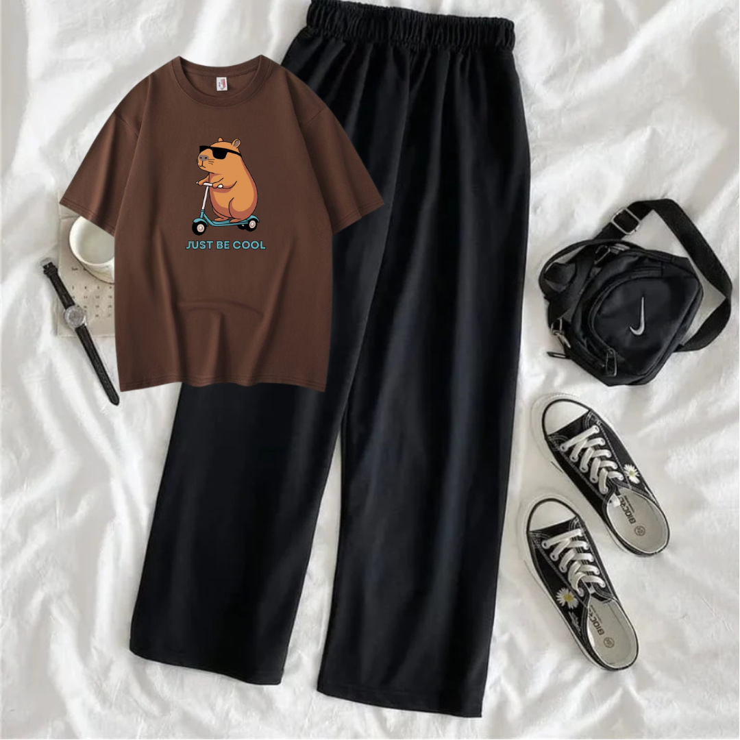Just Be Cool Oversized Printed T-Shirt with Black Terry Flapper - Black