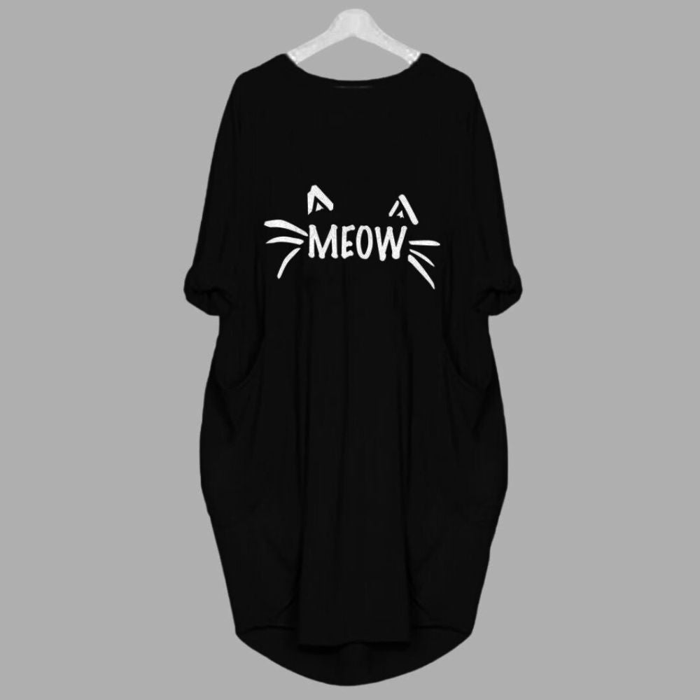 Black Meow Printed Long Tee