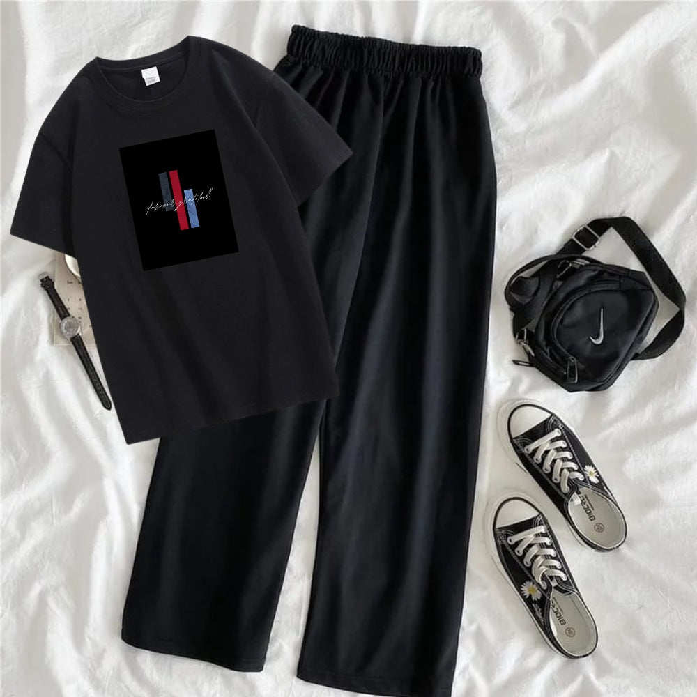 Typography Oversized Printed T-Shirt with Black Terry Flapper - Black