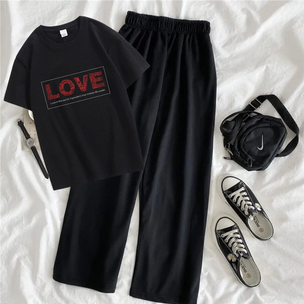 Love Oversized Printed T-Shirt with Black Terry Flapper - Black
