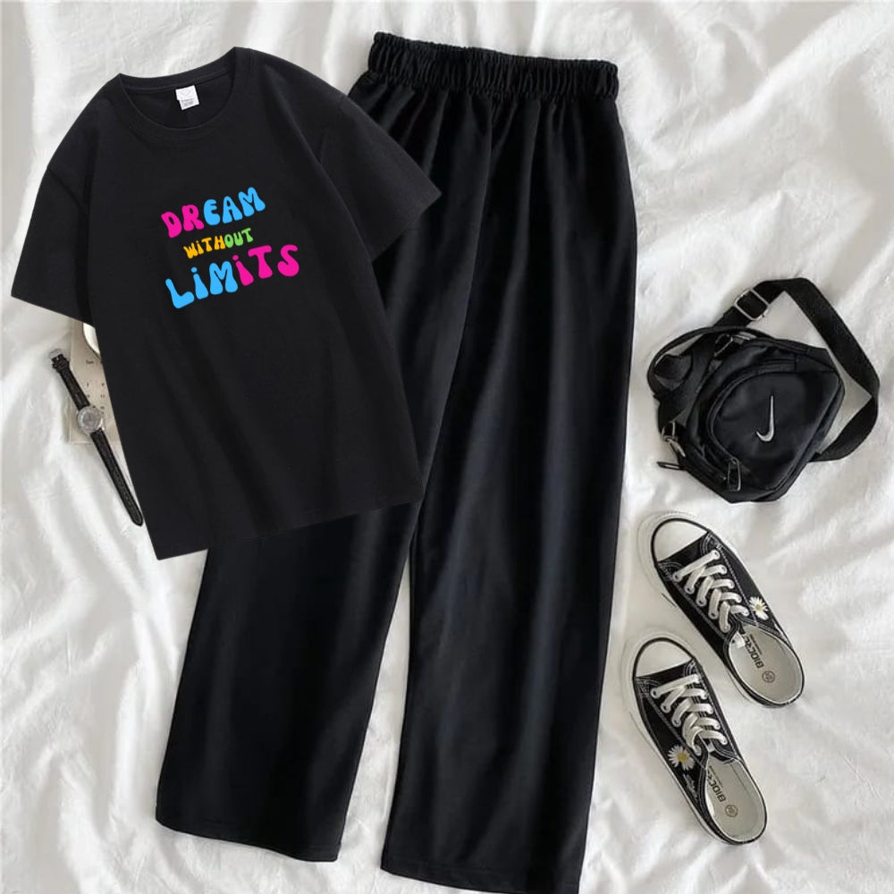 Dream Without Limit Oversized Printed T-Shirt with Black Terry Flapper - Black