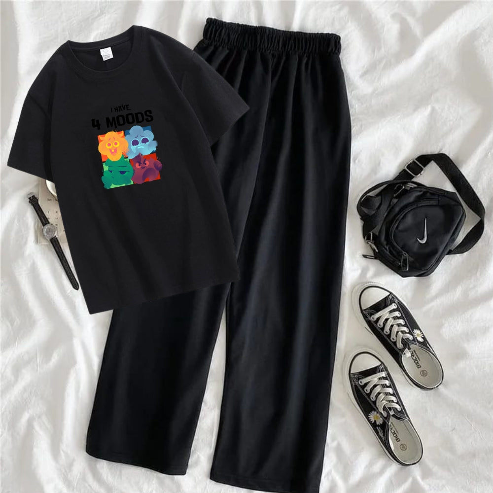 4 Mood Oversized Printed T-Shirt with Black Terry Flapper - Black