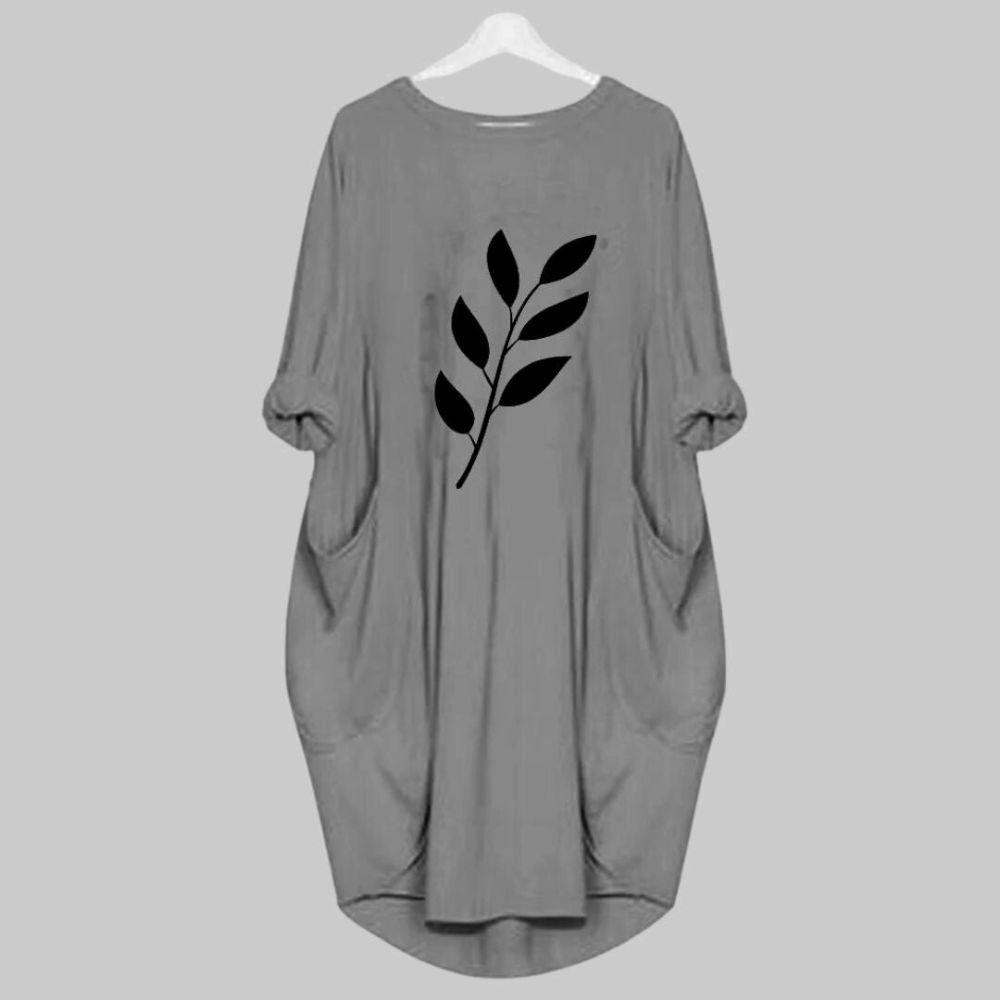 Grey Leaf Printed Long Tee