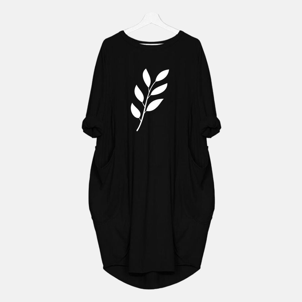 Leaf Printed Long Tee - Black