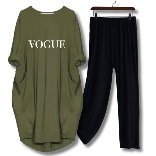 Vogue Printed Long Tee And Cotton Loose Pant - Olive Green