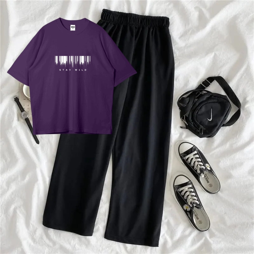 Purple Stay Wild Oversized Printed T-Shirt with Black Terry Flapper - Purple