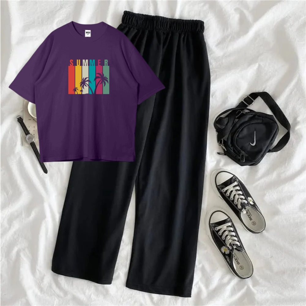 Summer Printed Oversized Printed T-Shirt with Black Terry Flapper - Purple