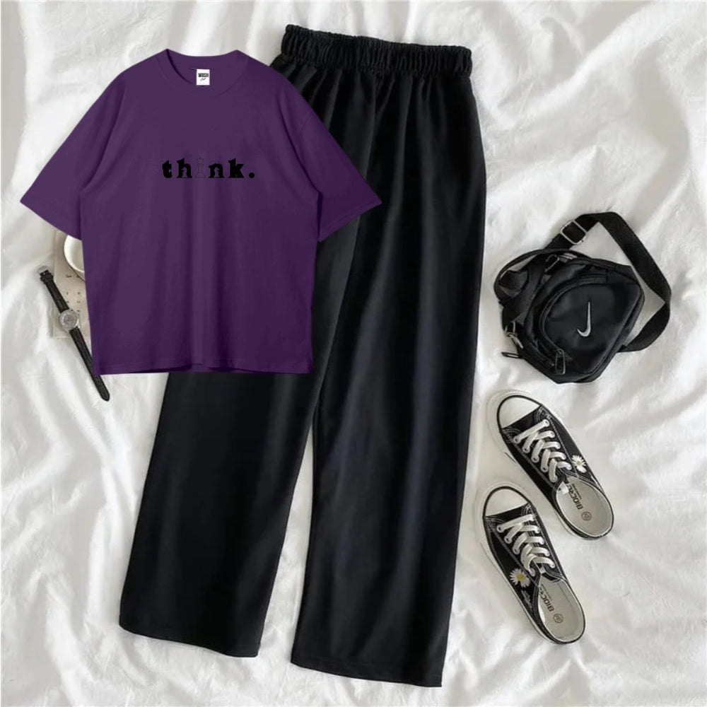 Think Printed Oversized Printed T-Shirt with Black Terry Flapper - Purple
