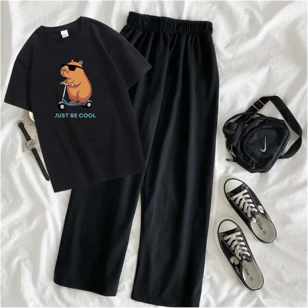 Just Be Cool Oversized Printed T-Shirt with Black Terry Flapper - Black