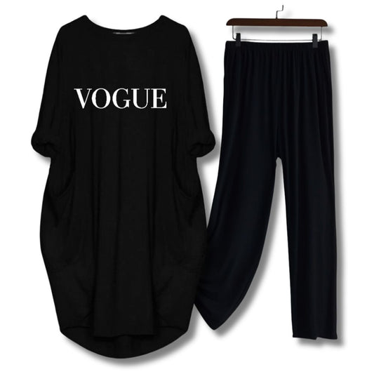Vogue Printed Long Tee And Cotton Loose Pant - Black