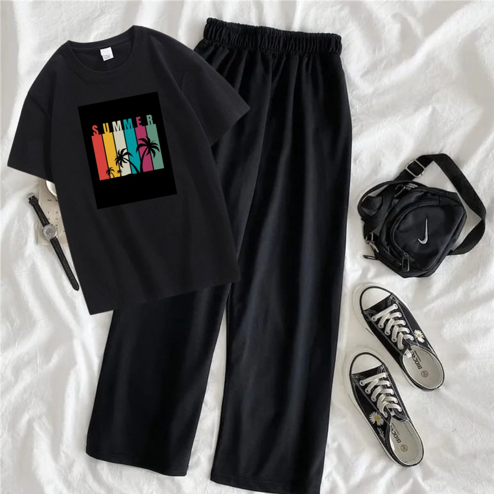 Summer Printed Oversized Printed T-Shirt with Black Terry Flapper - Black