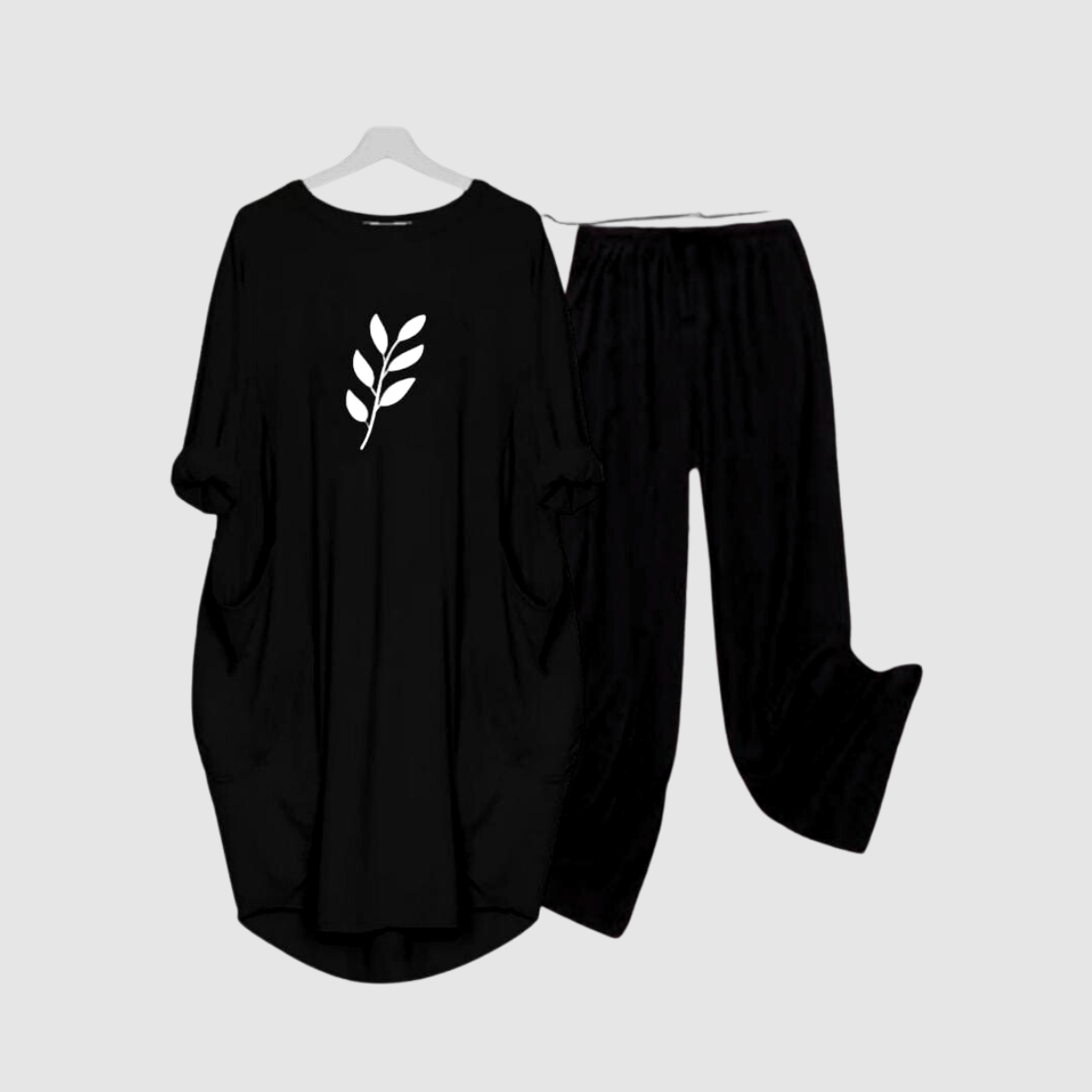 Black Leaf Printed Long Tee And Cotton Loose Pant