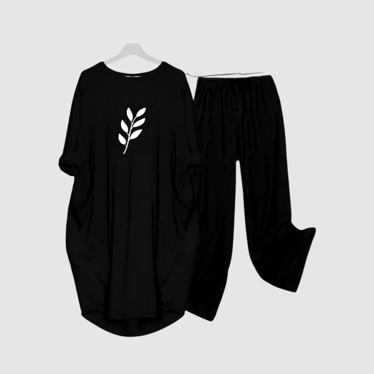 Black Leaf Printed Long  Tee And Cotton Loose Pant