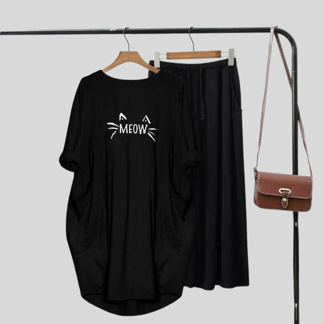 Black Meow Printed Long Tee And Cotton Loose Pant