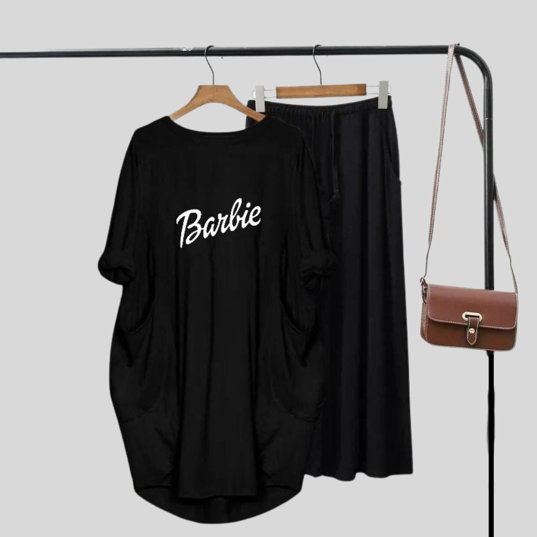 Black Barbie Printed Long  Tee And Cotton Loose Pant