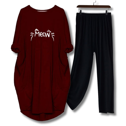 Maroon Meow Printed Long Tee And Cotton Loose Pant