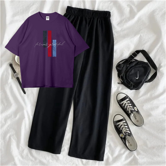 Typography Oversized Printed T-Shirt with Black Terry Flapper - Purple