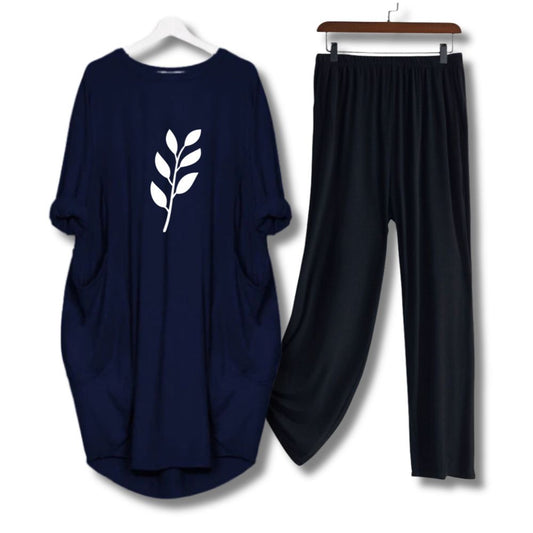 Blue Leaf Printed Long Tee And Cotton Loose Pant