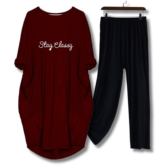 Maroon Stay Classy Printed Long Tee And Cotton Loose Pant