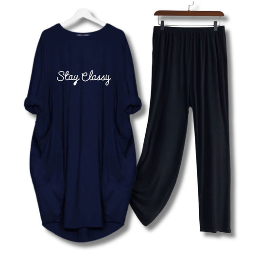 Blue Stay Classy Printed Long Tee And Cotton Loose Pant