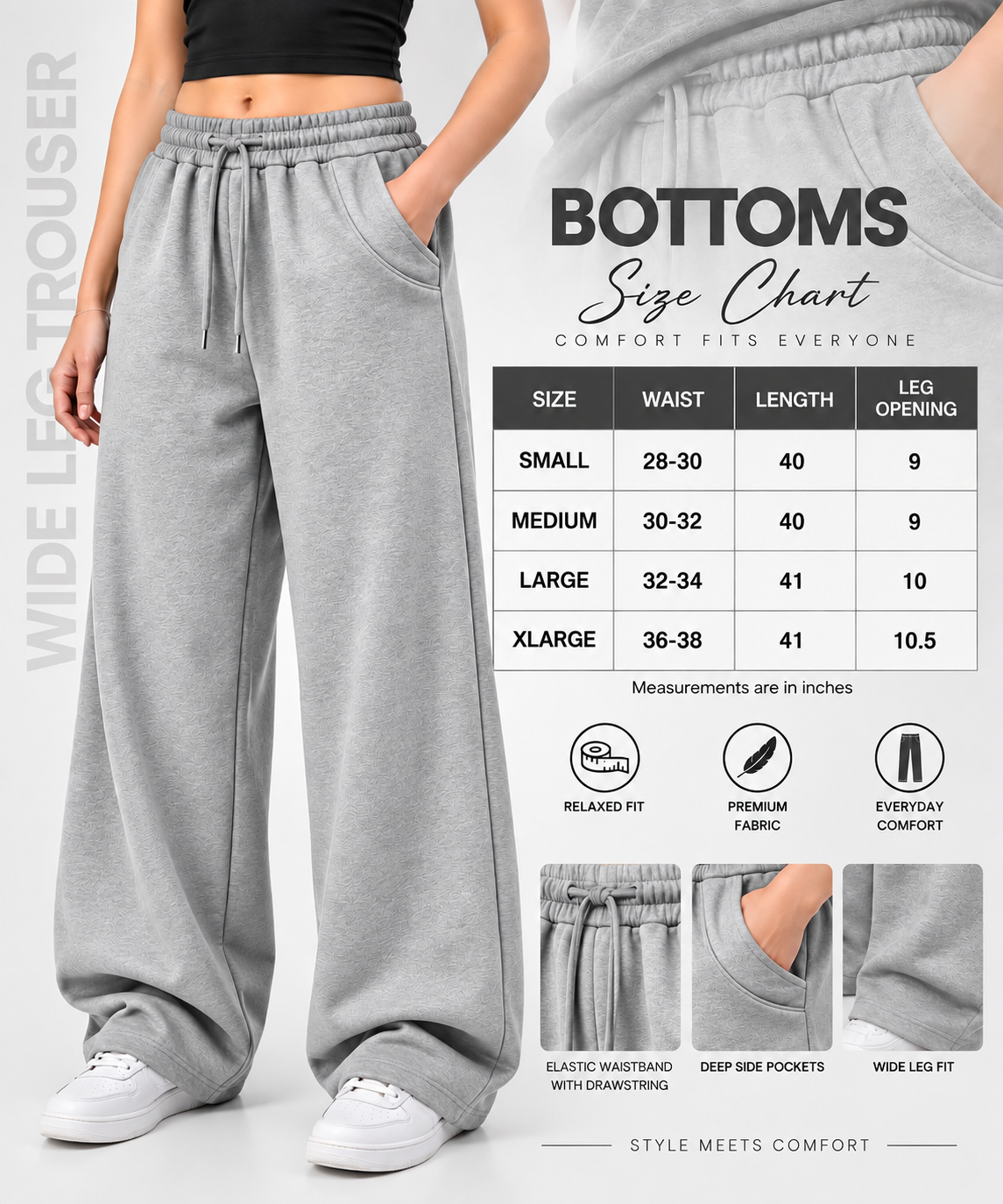 Relaxed Fit Wide Leg Baggy Trousers - Gray