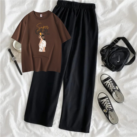 Super Girl Oversized Printed T-Shirt with Black Terry Flapper - Black