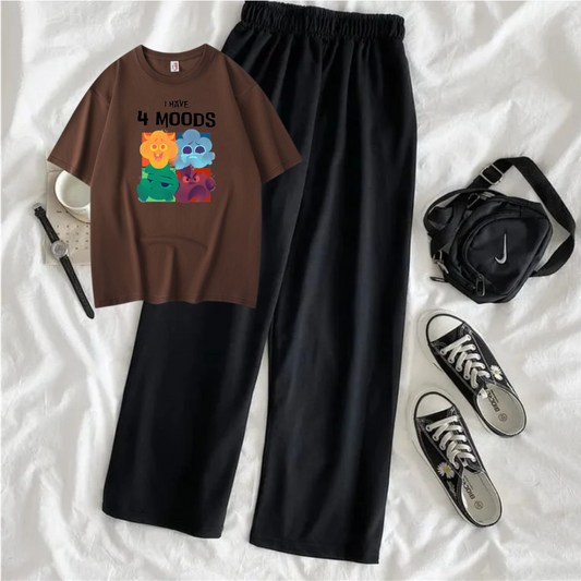 4 Mood Oversized  Printed T-Shirt with Black Terry Flapper - Brown