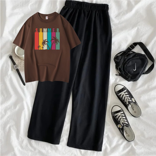 Summer Printed Oversized Printed T-Shirt with Black Terry Flapper - Brown