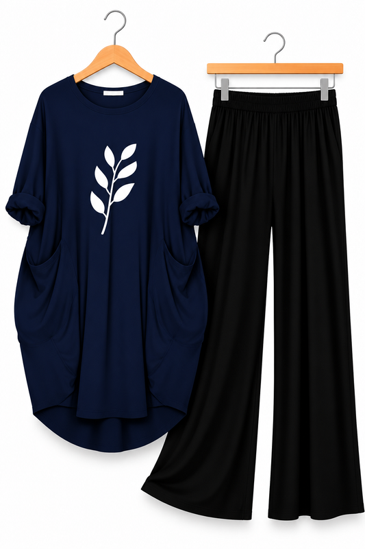 Blue Leaf Printed Long Tee And Cotton Loose Pant