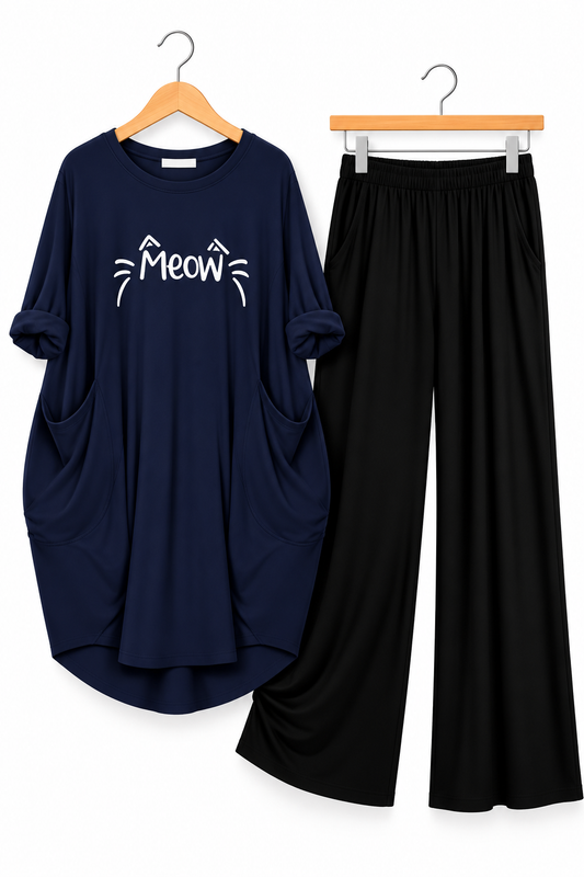 Blue Meow Printed Long Tee And Cotton Loose Pant