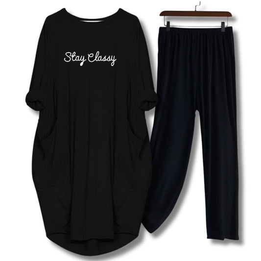 Black Stay Classy Printed Long Tee And Cotton Loose Pant