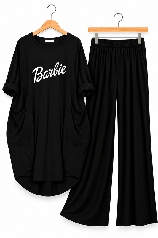 Black Barbie Printed Long  Tee And Cotton Loose Pant