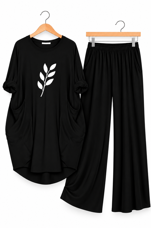 Black Leaf Printed Long  Tee And Cotton Loose Pant