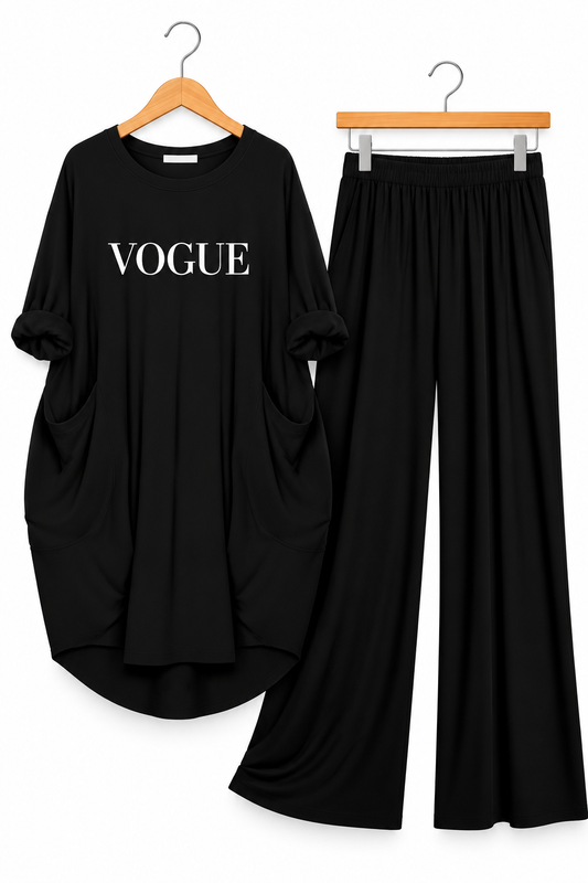 Vogue Printed Long Tee And Cotton Loose Pant - Black
