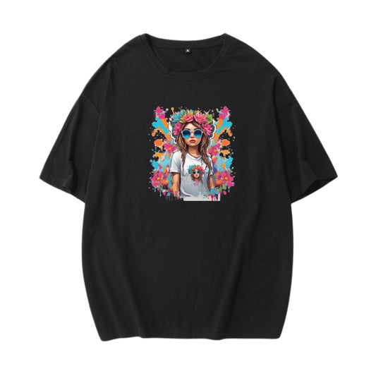 Colorfull Girl Print T-Shirt – Soft Stretch Cotton, Crew Neck, Loose Fit - Black