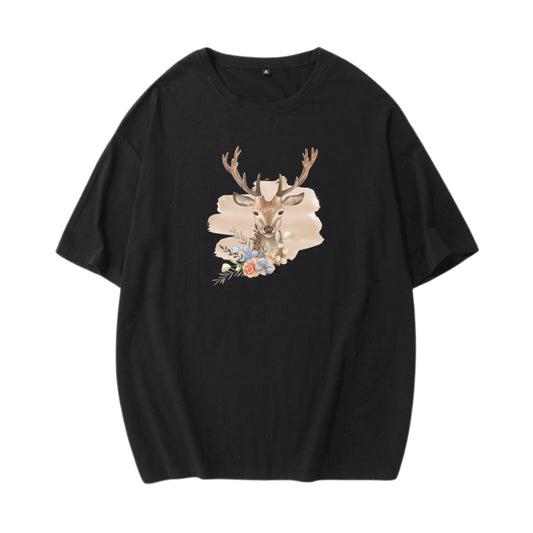 Deer Print T-Shirt – Soft Stretch Cotton, Crew Neck, Loose Fit - Black