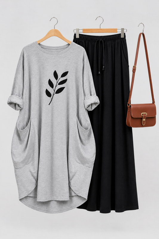 Gray Leaf Printed Long Tee And Cotton Loose Pant