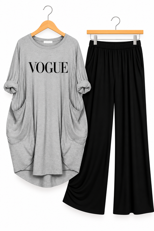 Gray Vogue Printed Long  Tee And Cotton Loose Pant