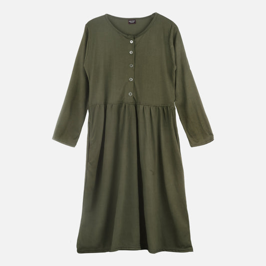 Long Maxi Dress with Front Buttons and Full Sleeve - Olive