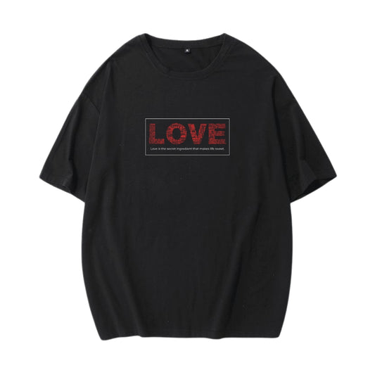 Love Graphic Print T-Shirt – Soft Stretch Cotton, Crew Neck, Loose Fit - Black