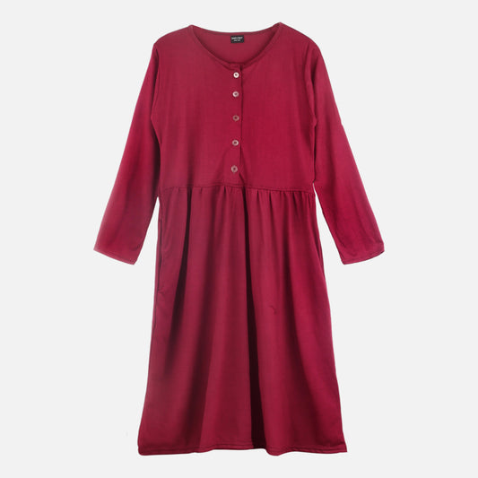 Long Maxi Dress with Front Buttons and Full Sleeve - Maroon