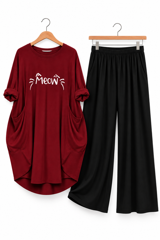 Maroon Meow Printed Long Tee And Cotton Loose Pant