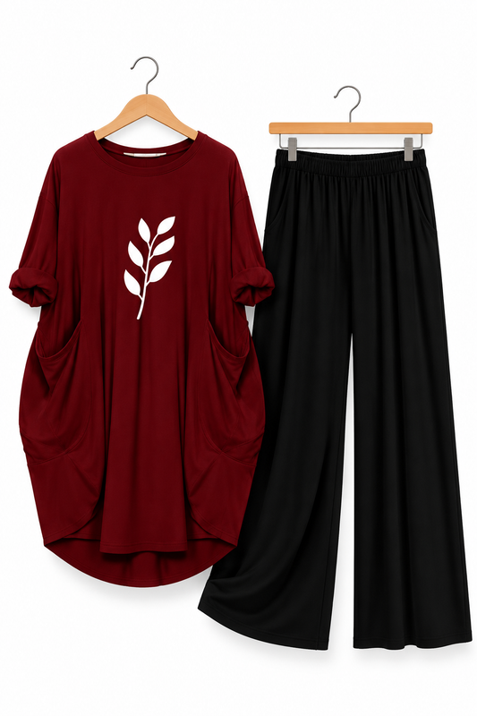 Maroon Leaf Printed Long Tee And Cotton Loose Pant