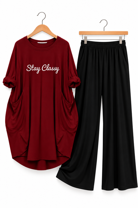Maroon Stay Classy Printed Long Tee And Cotton Loose Pant